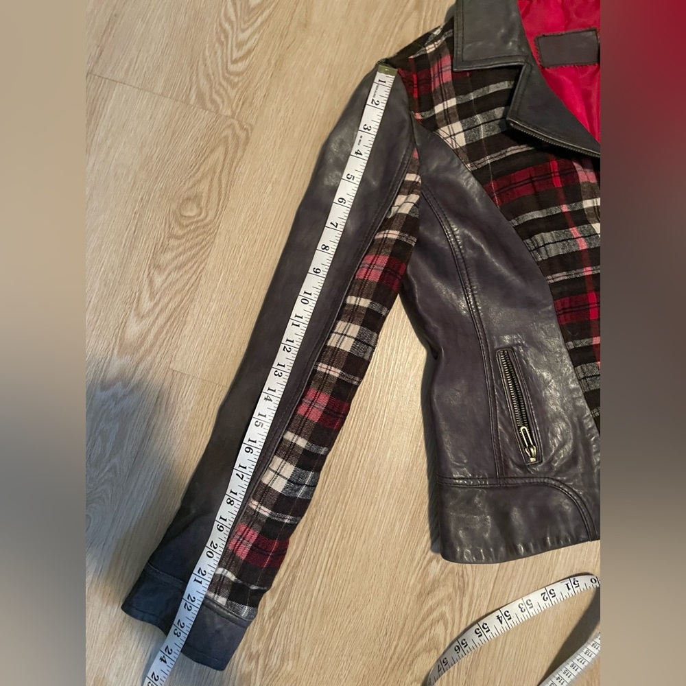 Betty Barclay Size 4 Leather & Plaid Wool Moto Jacket Mixed Media European - Picture 15 of 16
